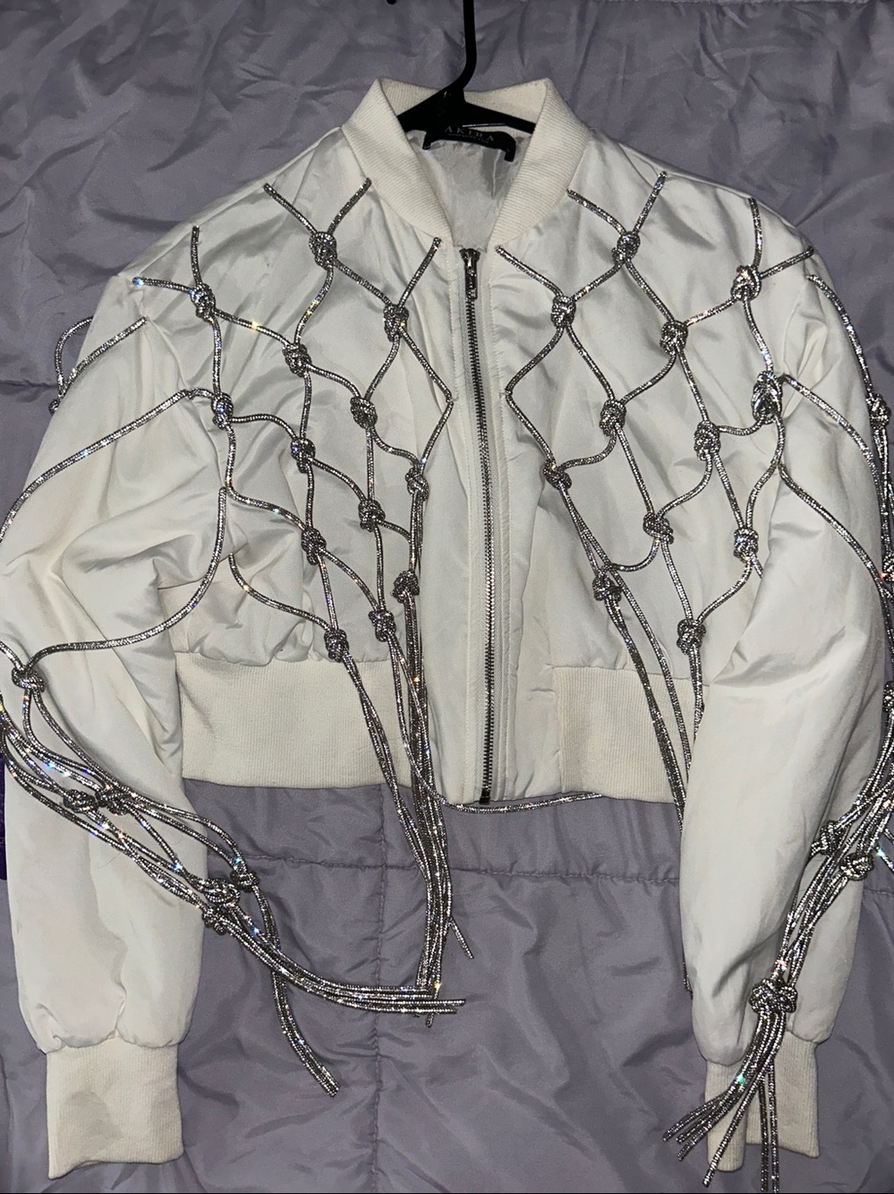 AKIRA White Beaded Cropped Bomber Jacket
